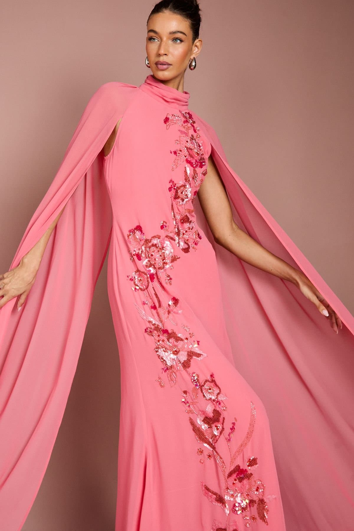 Coast Coast Women's Embellished Floral Cape Georgette Maxi Dress in Coral