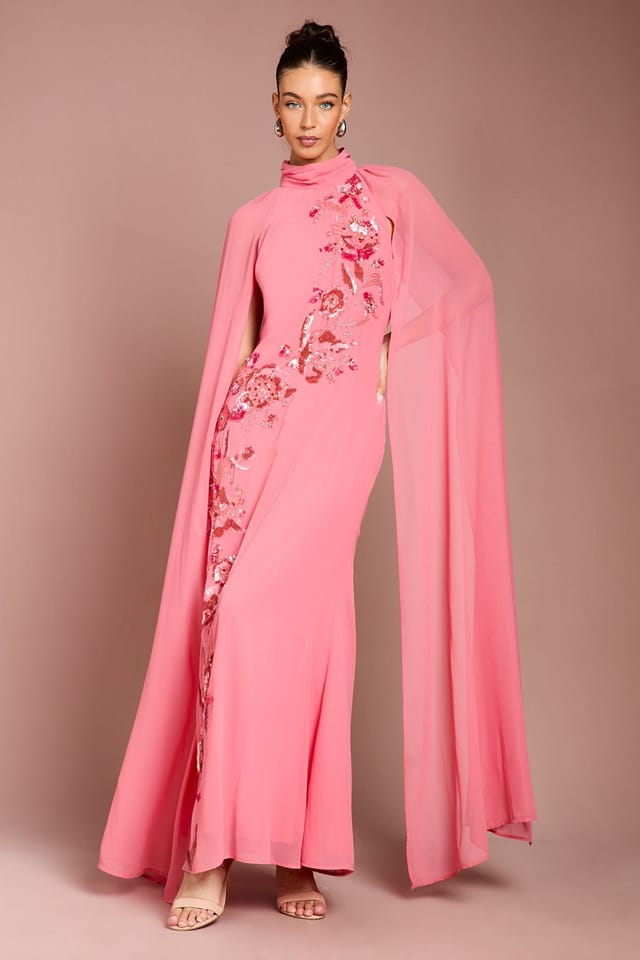 Coast Coast Women's Embellished Floral Cape Georgette Maxi Dress in Coral - 2