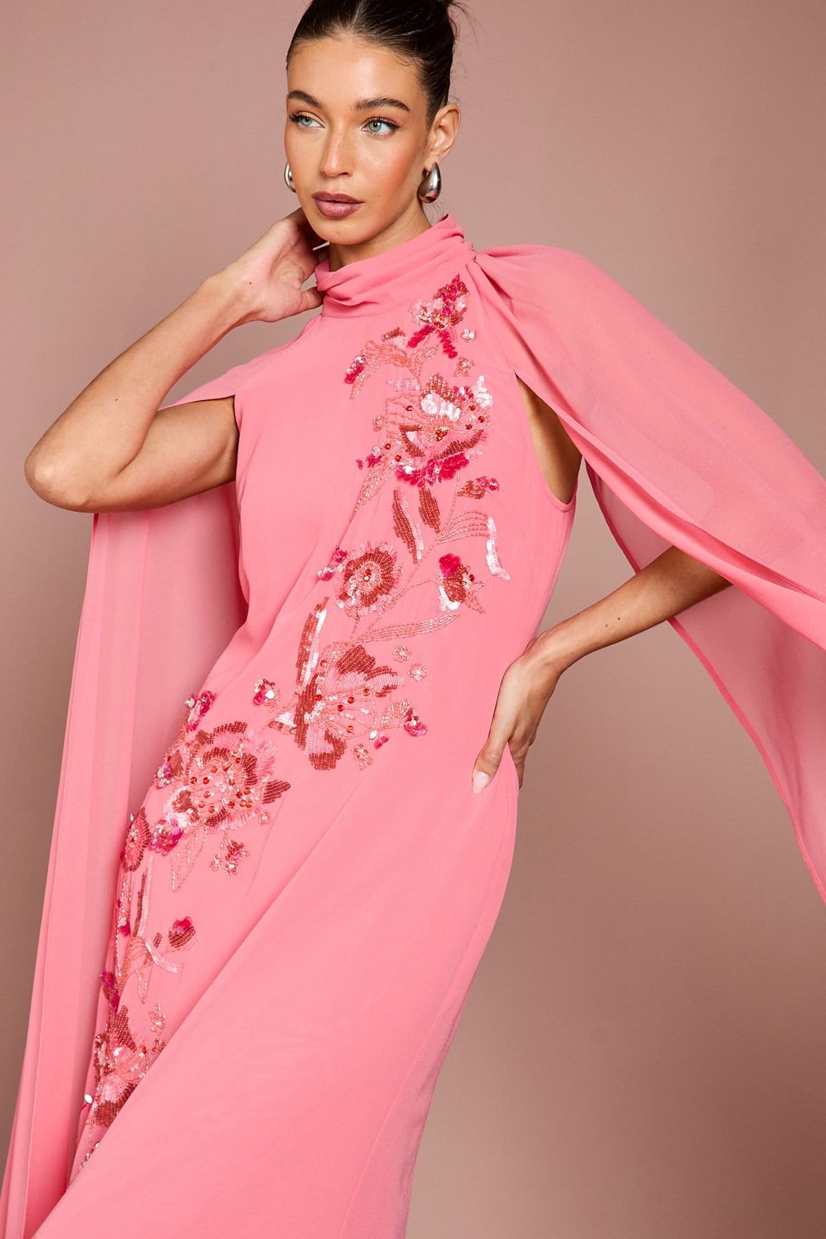 Coast Coast Women's Embellished Floral Cape Georgette Maxi Dress in Coral - 4