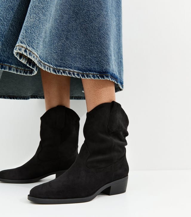 New Look Women's Black Faux Suede Mid Calf Western Boots Vegan New Look - 2