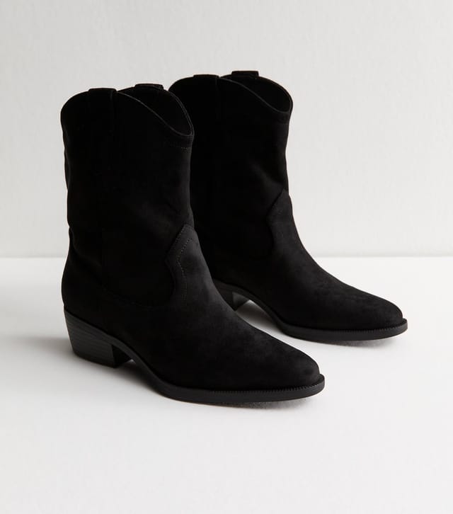 New Look Women's Black Faux Suede Mid Calf Western Boots Vegan New Look - 3