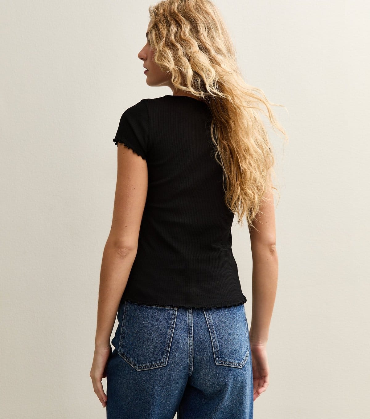 New Look Women's Black Ribbed Jersey Frilly Trim Short Sleeve Top New Look - 4