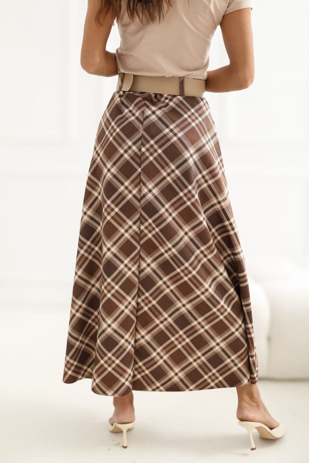 Love Lace Brown Check Flared Maxi Skirt with Belt
