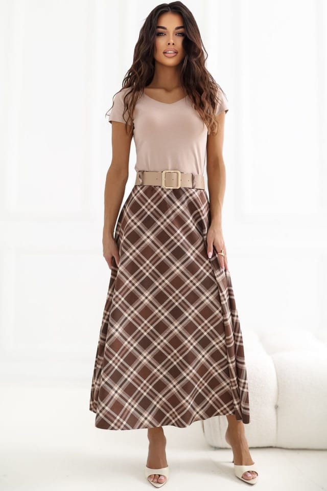 Love Lace Love Lace Women's Classic Check Flared Maxi Skirt with Belt Style 226474 in Brown - 2