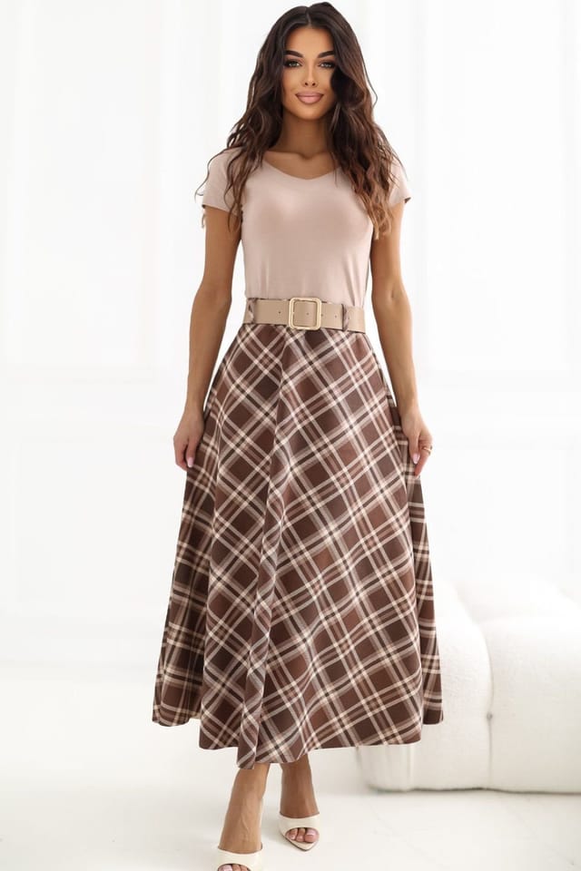 Love Lace Love Lace Women's Classic Check Flared Maxi Skirt with Belt Style 226474 in Brown - 3
