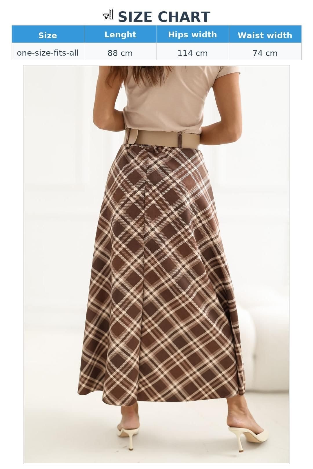 Love Lace Love Lace Women's Classic Check Flared Maxi Skirt with Belt Style 226474 in Brown - 4