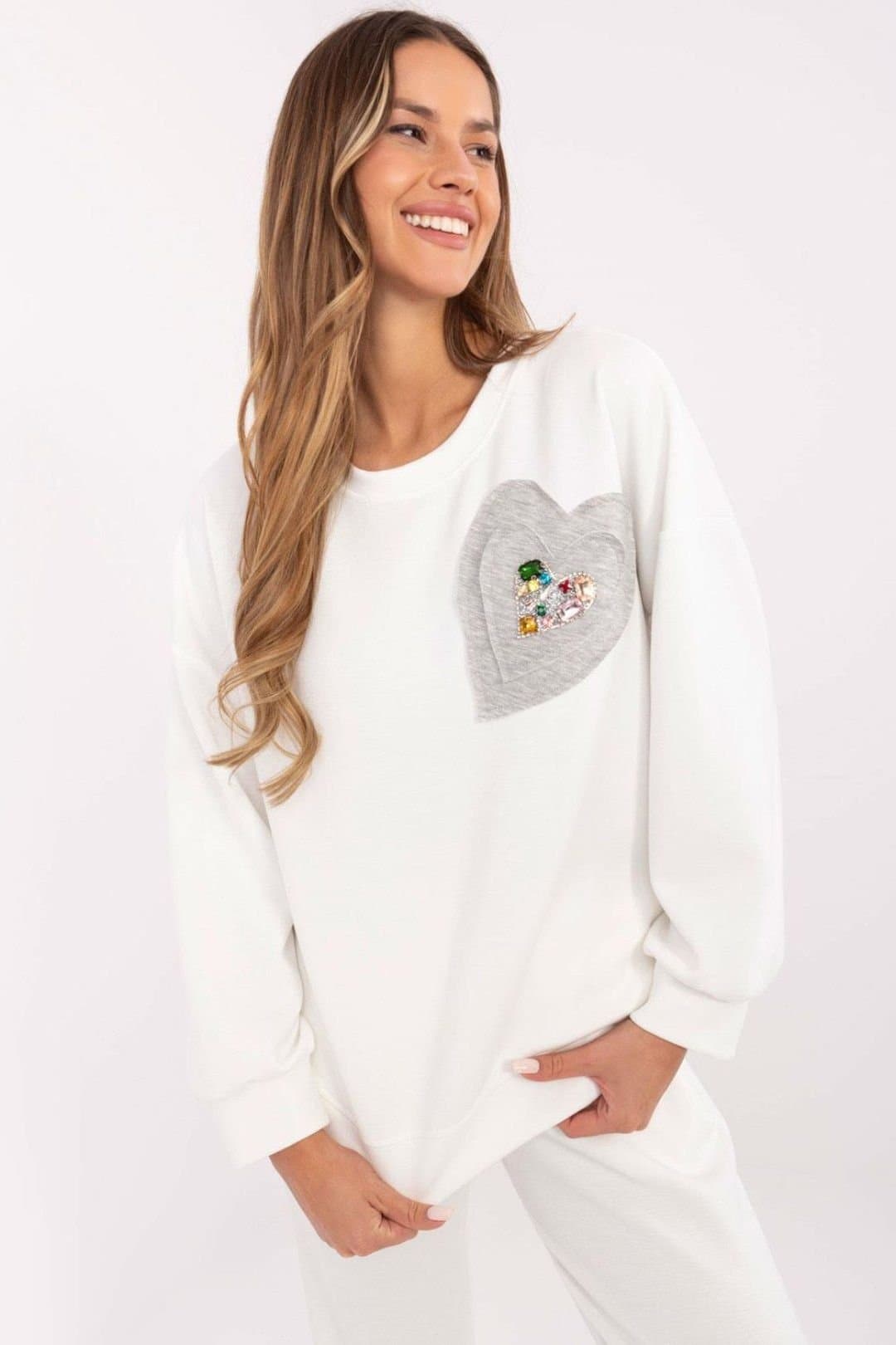 Love Lace Love Lace Women's Casual Heart Zircon Detail Sweatshirt in White