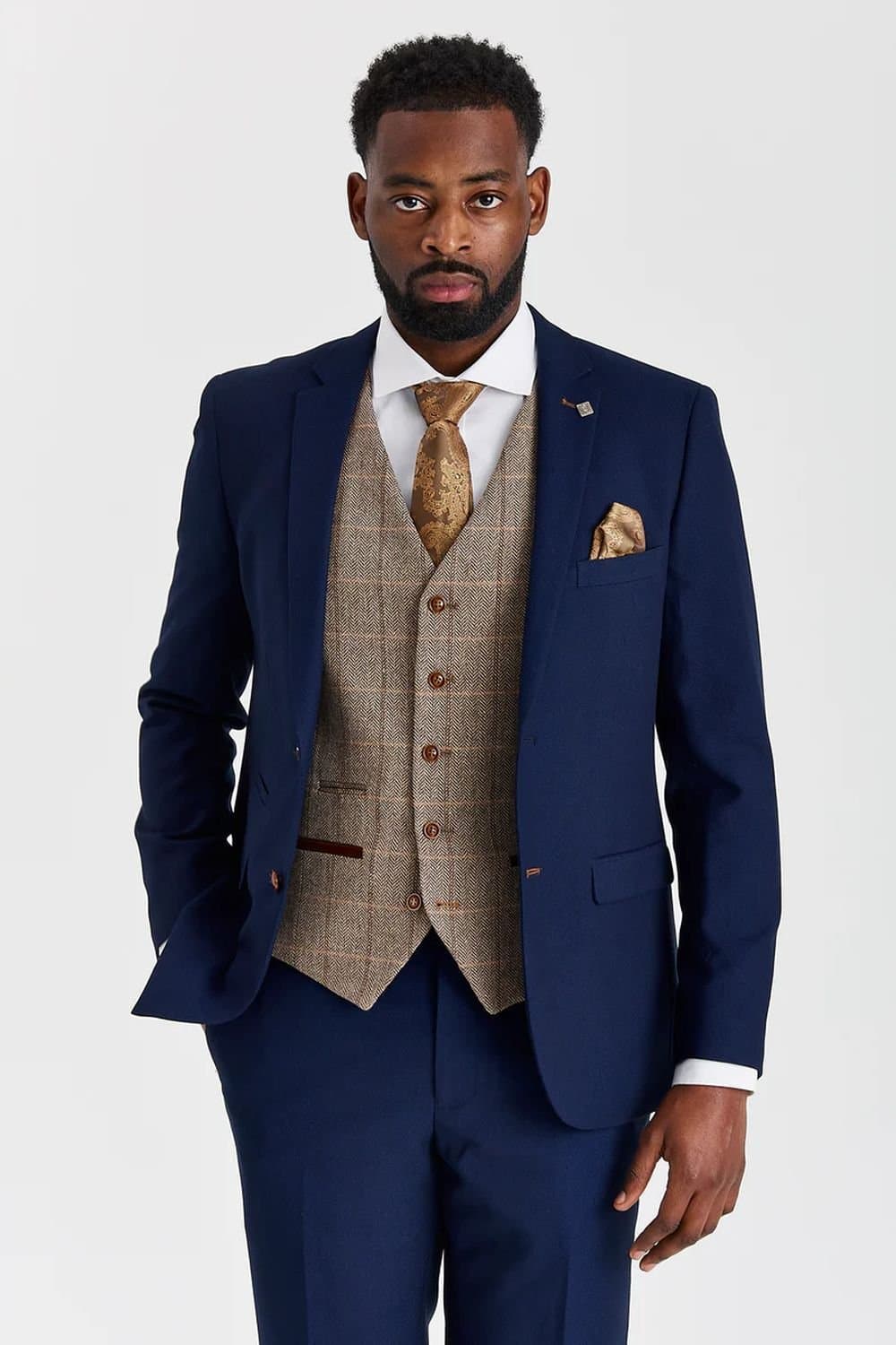 Paul Andrew Paul Andrew Men's 3 Piece Textured Suit with Tweed Check Waistcoat