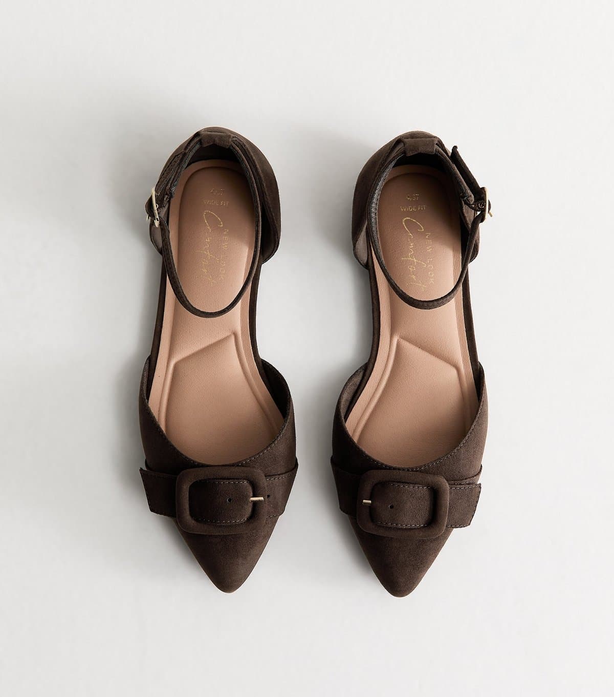 New Look Women's Wide Fit Dark Brown Faux Suede Pointed Mary Jane Pumps Vegan New Look