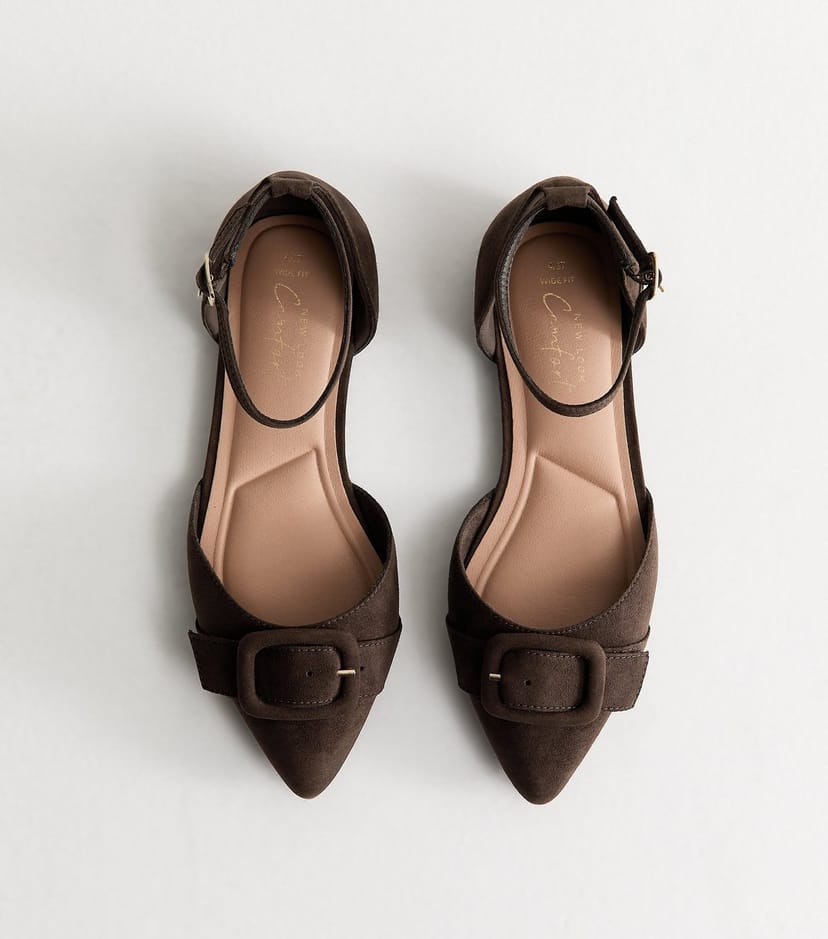 New Look Women's Wide Fit Dark Brown Faux Suede Pointed Mary Jane Pumps Vegan New Look - 1