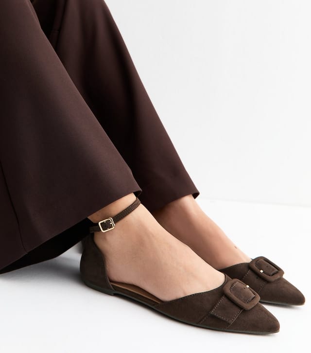 New Look Women's Wide Fit Dark Brown Faux Suede Pointed Mary Jane Pumps Vegan New Look - 2
