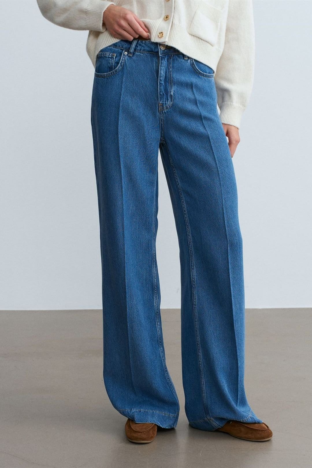 Dilvin Dilvin Women's High-Waist Wide-Leg Tencel Jeans in Mid Blue - 4