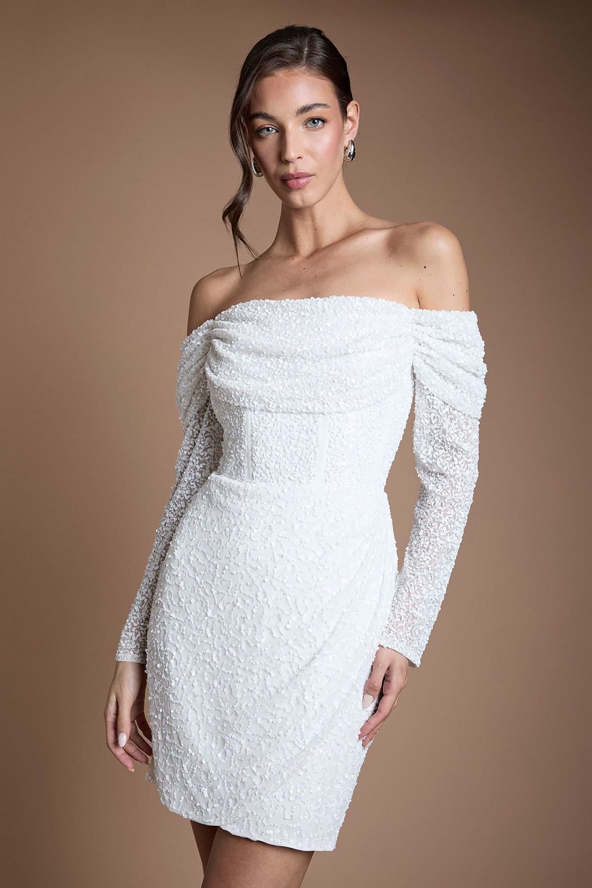 Coast Coast Women's Bardot Long Sleeve Wrap Skirt Embellished Mini Dress in Ivory