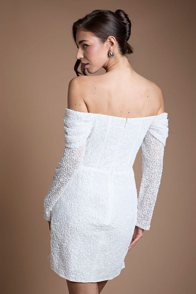 Coast Coast Women's Bardot Long Sleeve Wrap Skirt Embellished Mini Dress in Ivory - 3