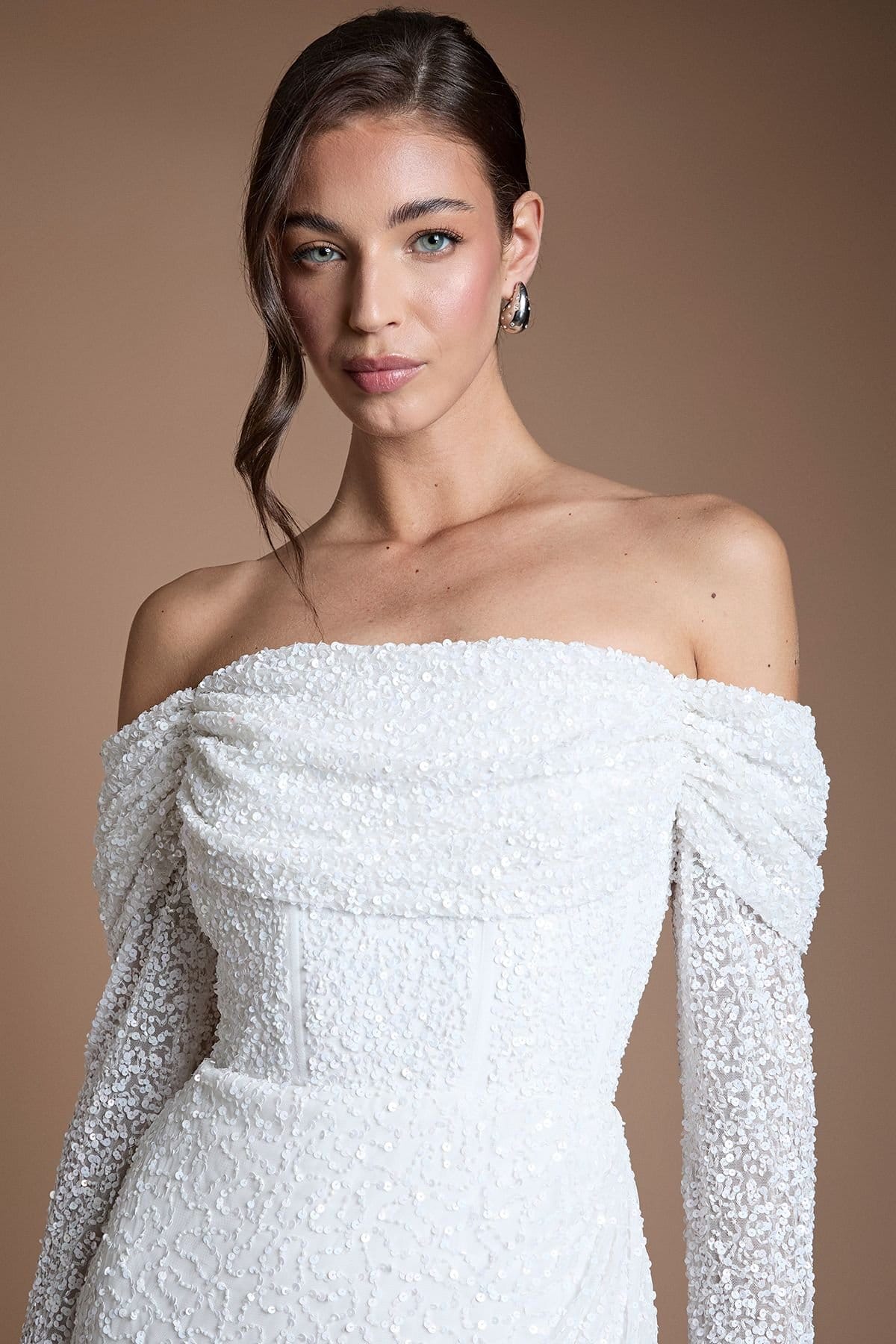 Coast Coast Women's Bardot Long Sleeve Wrap Skirt Embellished Mini Dress in Ivory - 4