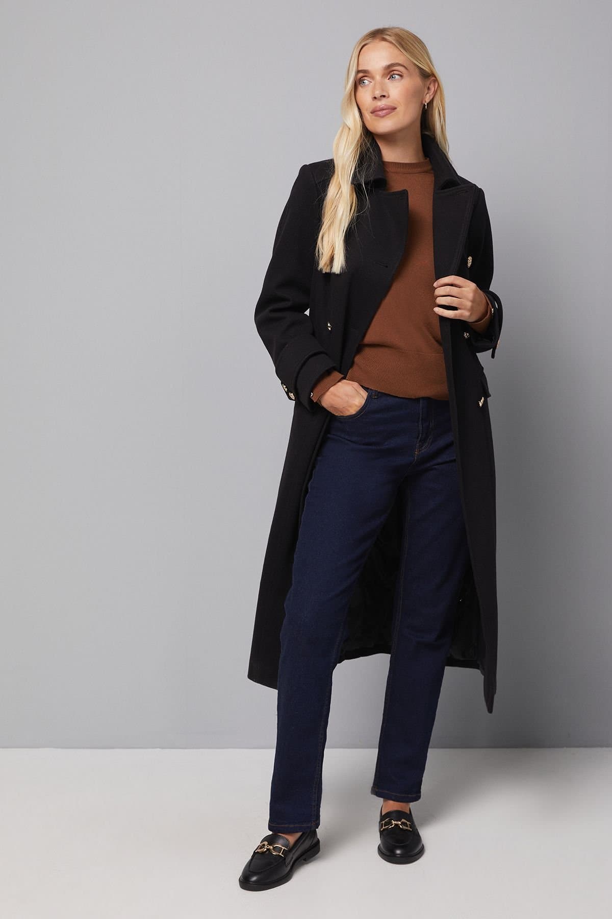 Wallis Wallis Women's Petite Military Double Breasted Longline Coat in Black