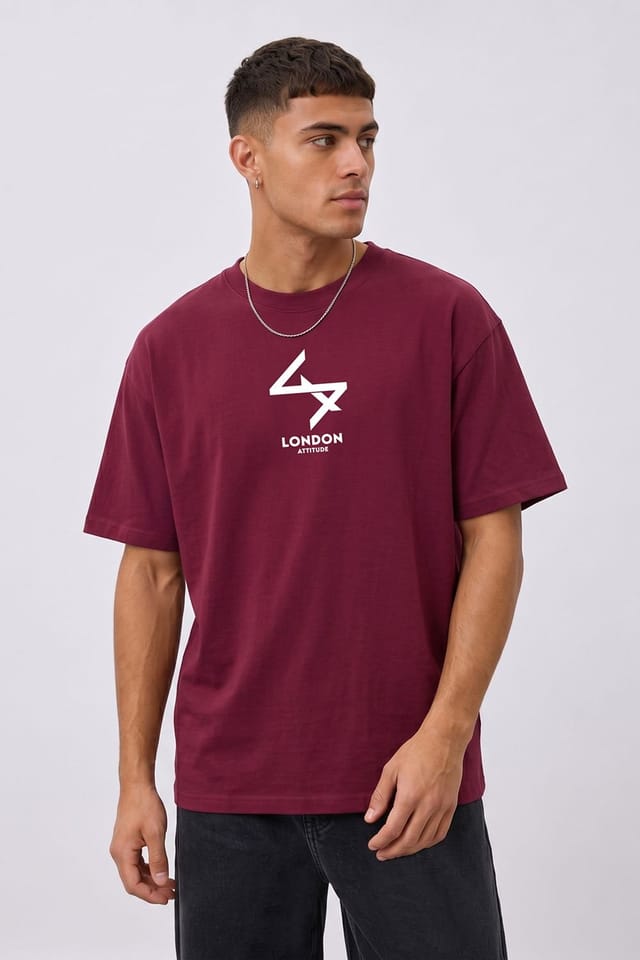 LONDON ATTITUDE LONDON ATTITUDE Men's Oversized Heavyweight T-Shirt with Varsity Back Print in Burgundy - 2
