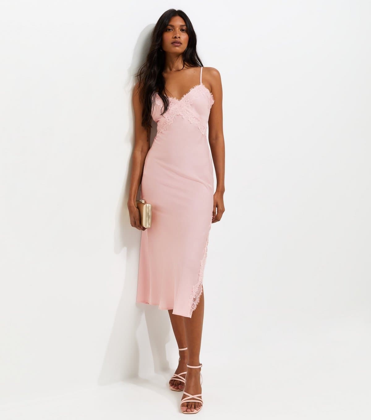 New Look Women's Pale Pink Satin Lace Trim Strappy Midi Dress New Look