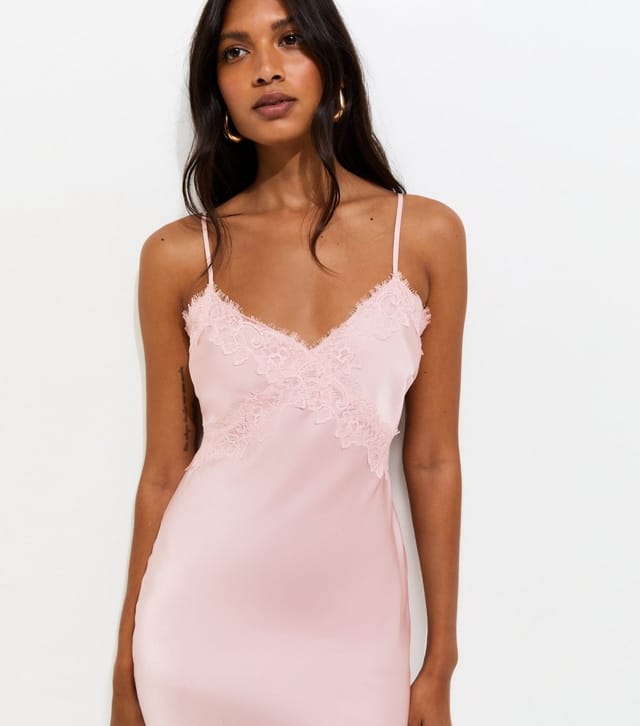 New Look Women's Pale Pink Satin Lace Trim Strappy Midi Dress New Look - 2