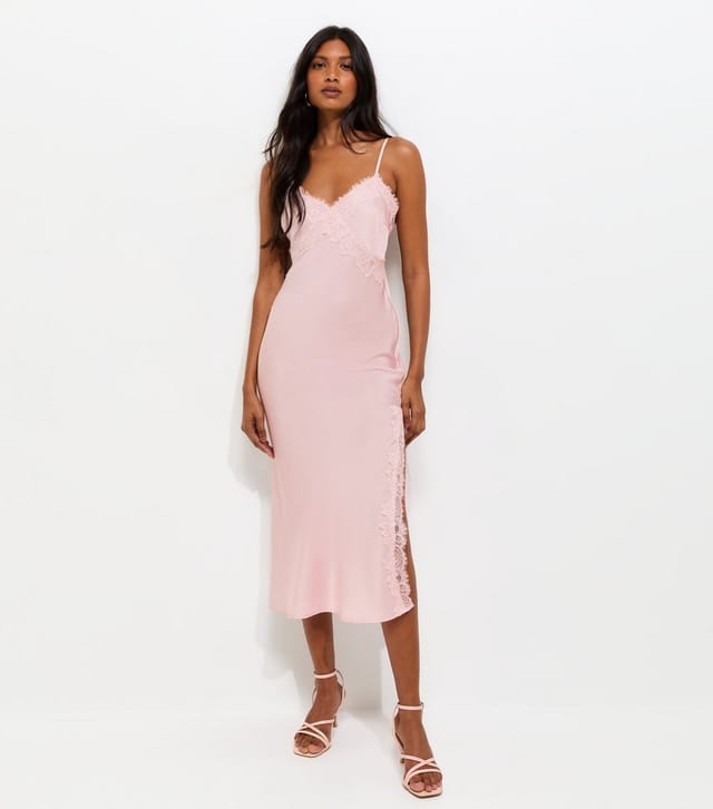 New Look Women's Pale Pink Satin Lace Trim Strappy Midi Dress New Look - 3