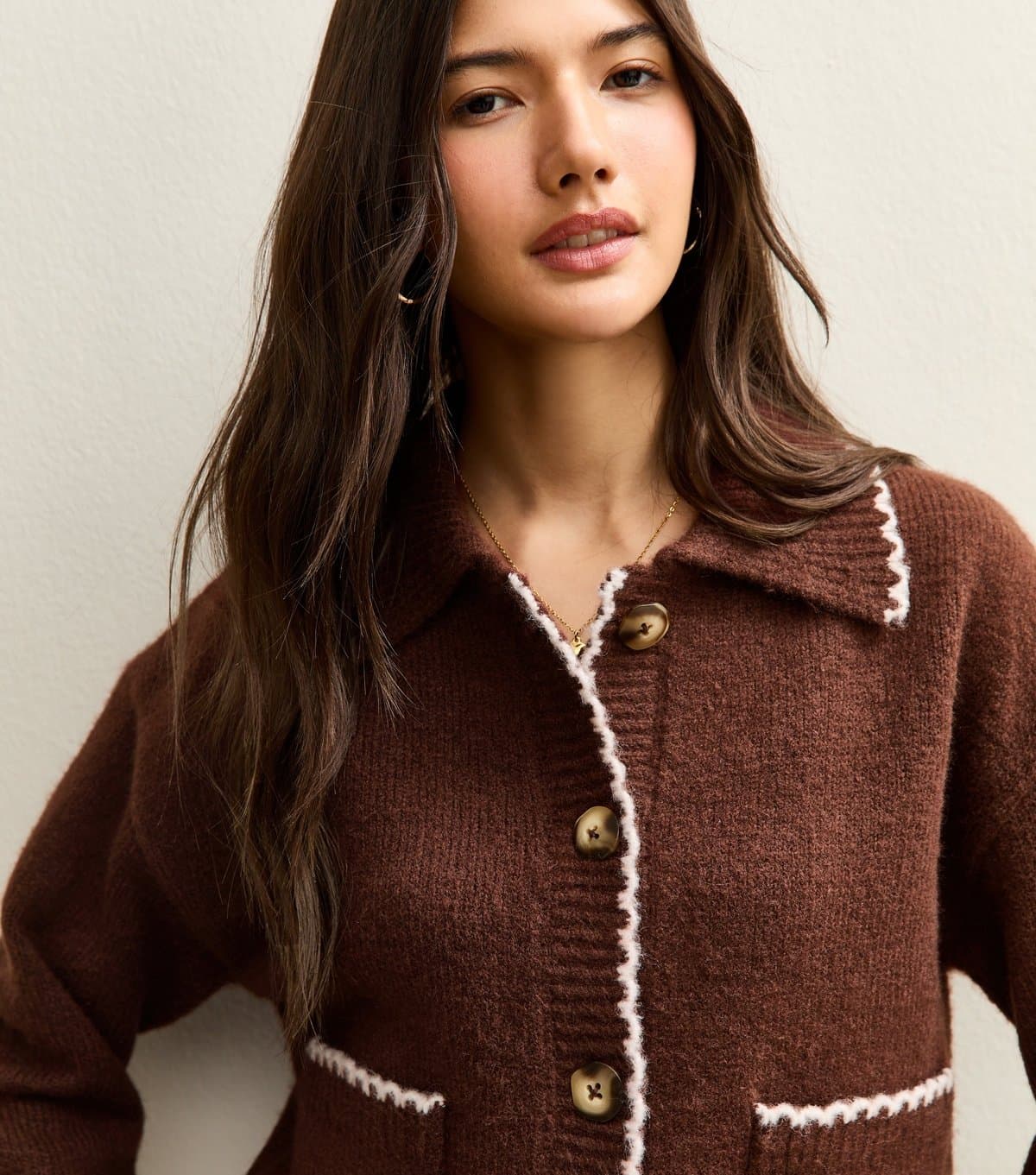 New Look New Look Brown Knit Collared Cardigan