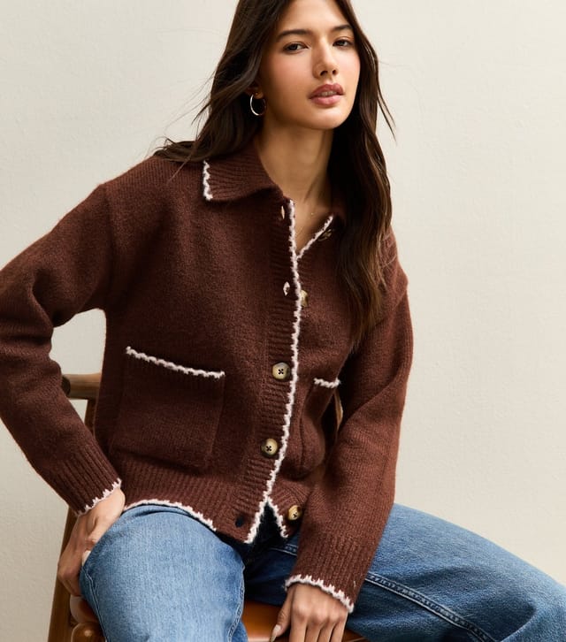 New Look Women's Brown Blanket Stitch Collared Cardigan New Look - 3