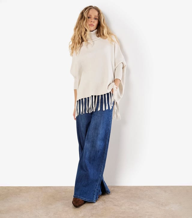 Apricot Cream Roll Neck Fringe Poncho Apricot New Look - 2