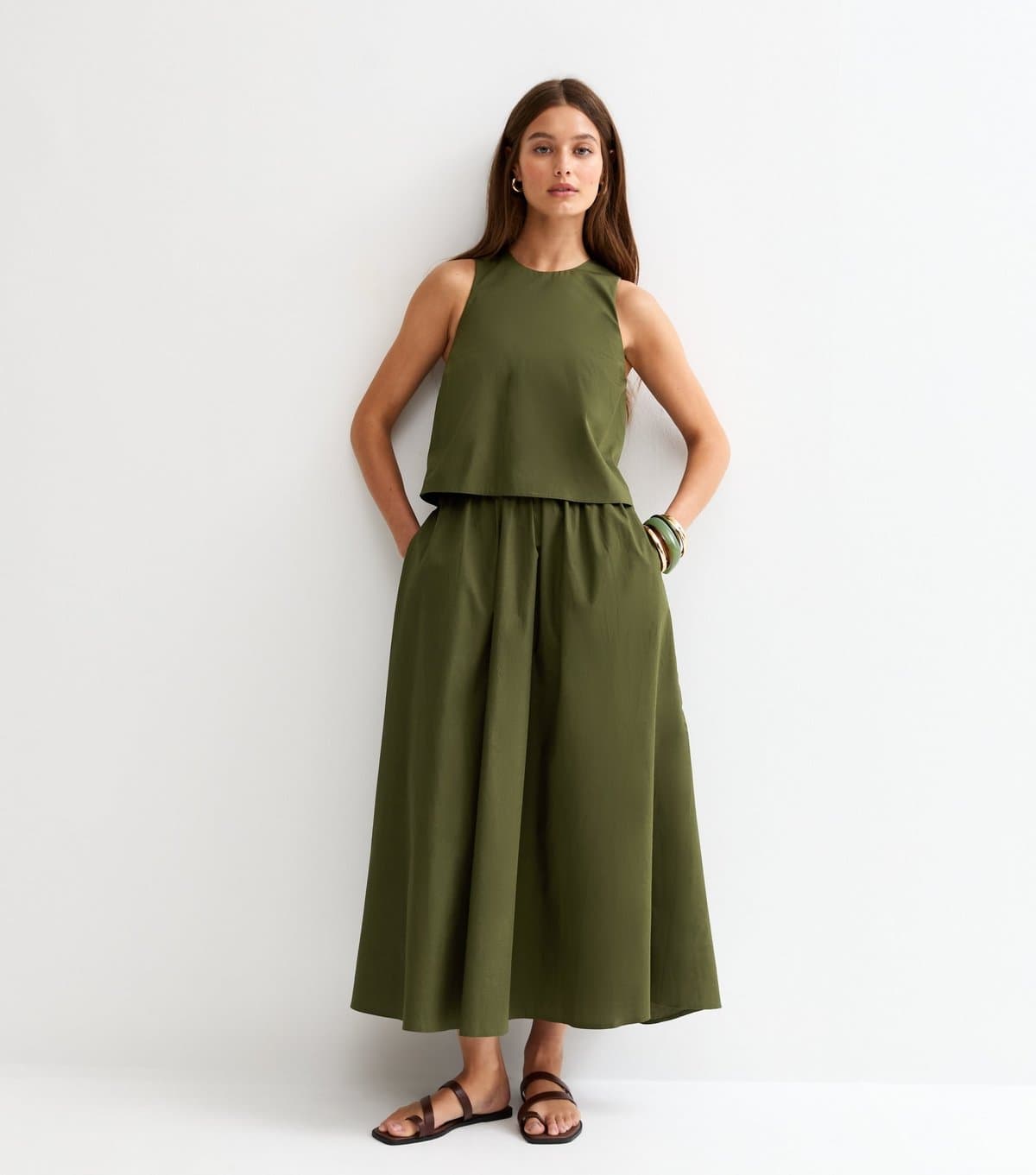New Look Women's Dark Khaki Layered Sleeveless Midi Dress New Look