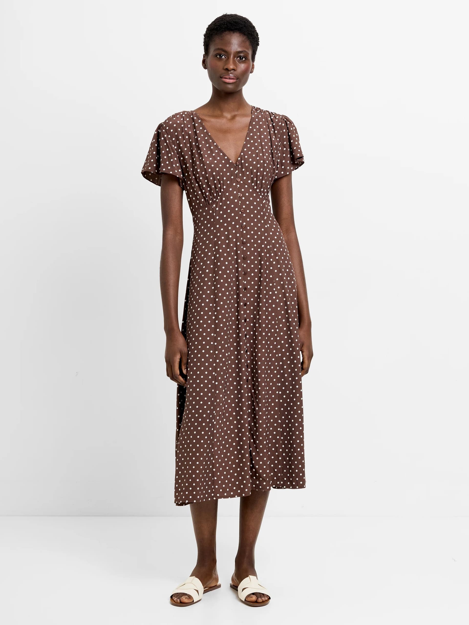 French Connection Polka Dot Eco Midi Dress Chocolate Brown/White