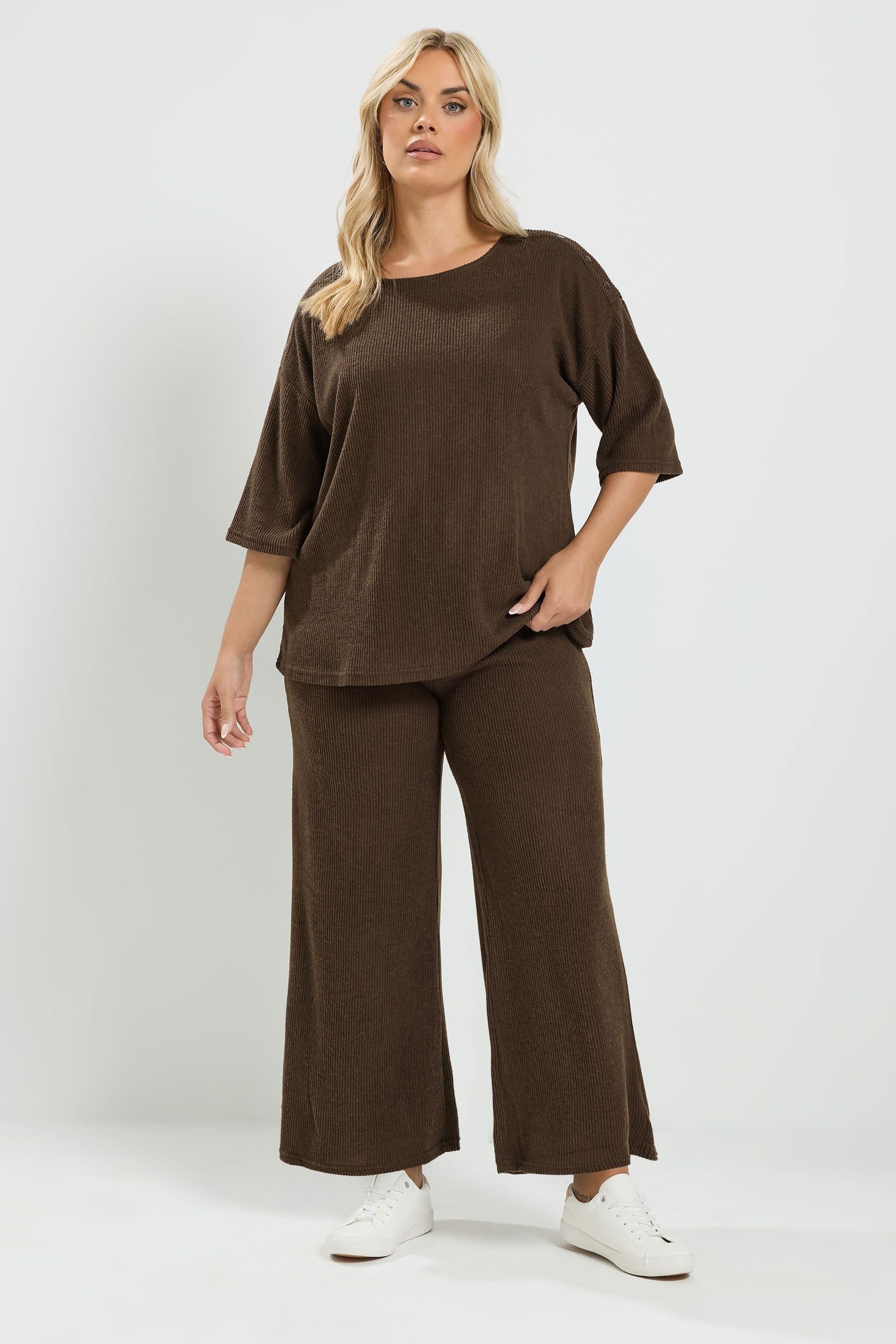 Yours Yours Women's Ribbed Wide Leg Trouser Set in Chocolate