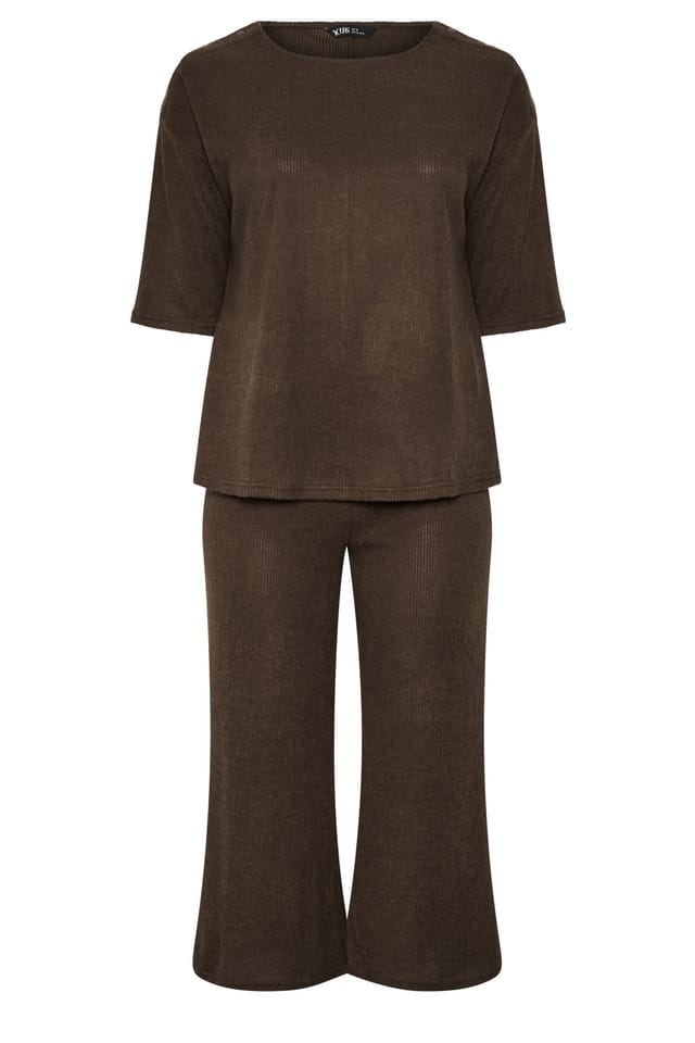 Yours Yours Women's Ribbed Wide Leg Trouser Set in Chocolate - 2