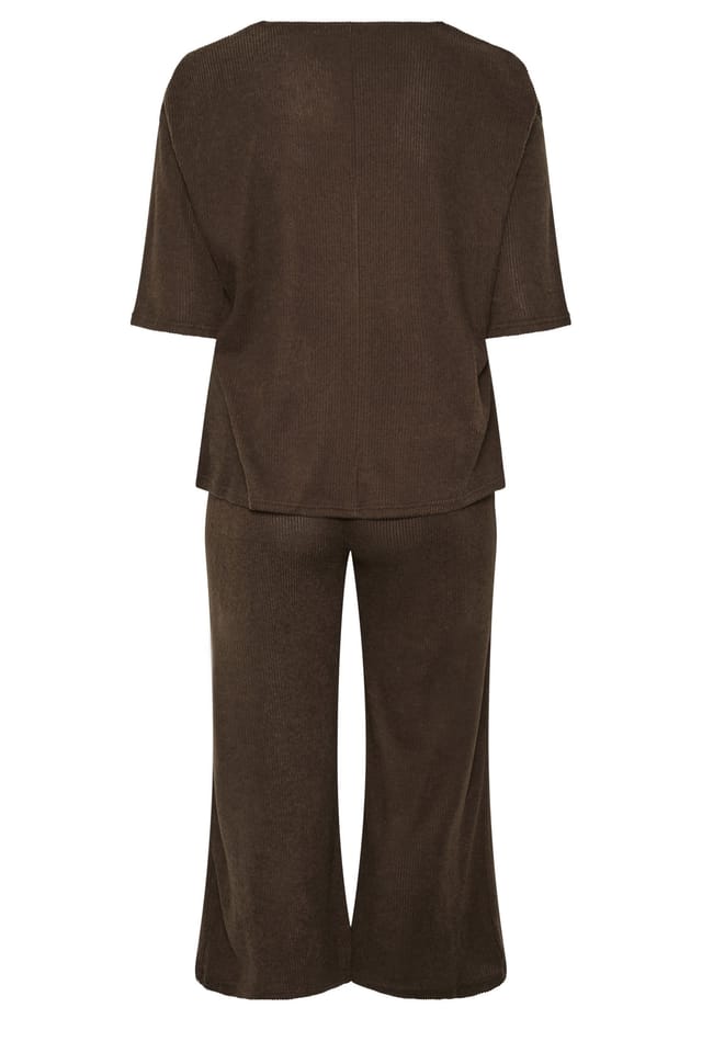 Yours Yours Women's Ribbed Wide Leg Trouser Set in Chocolate - 3