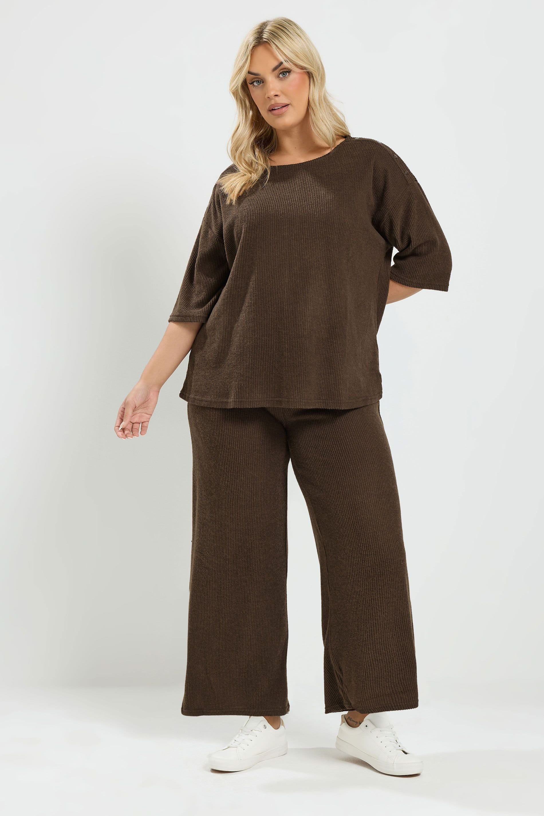 Yours Yours Women's Ribbed Wide Leg Trouser Set in Chocolate - 4
