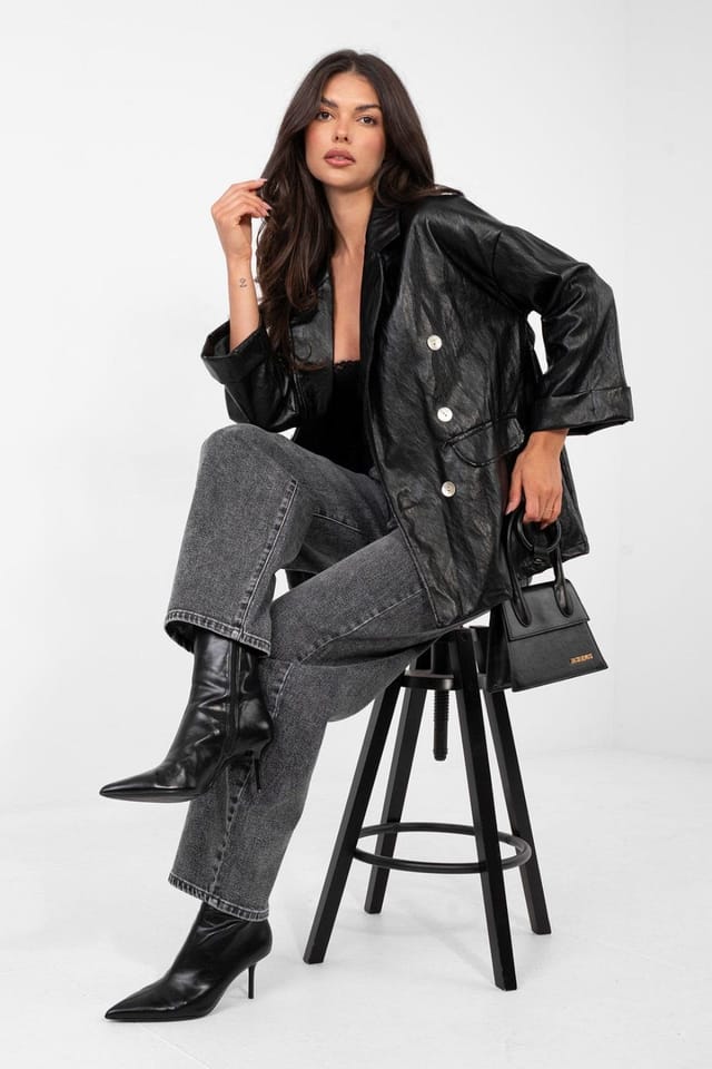 Love Lace Love Lace Women's Stylish Faux Leather Double Breasted Blazer in Black - 2