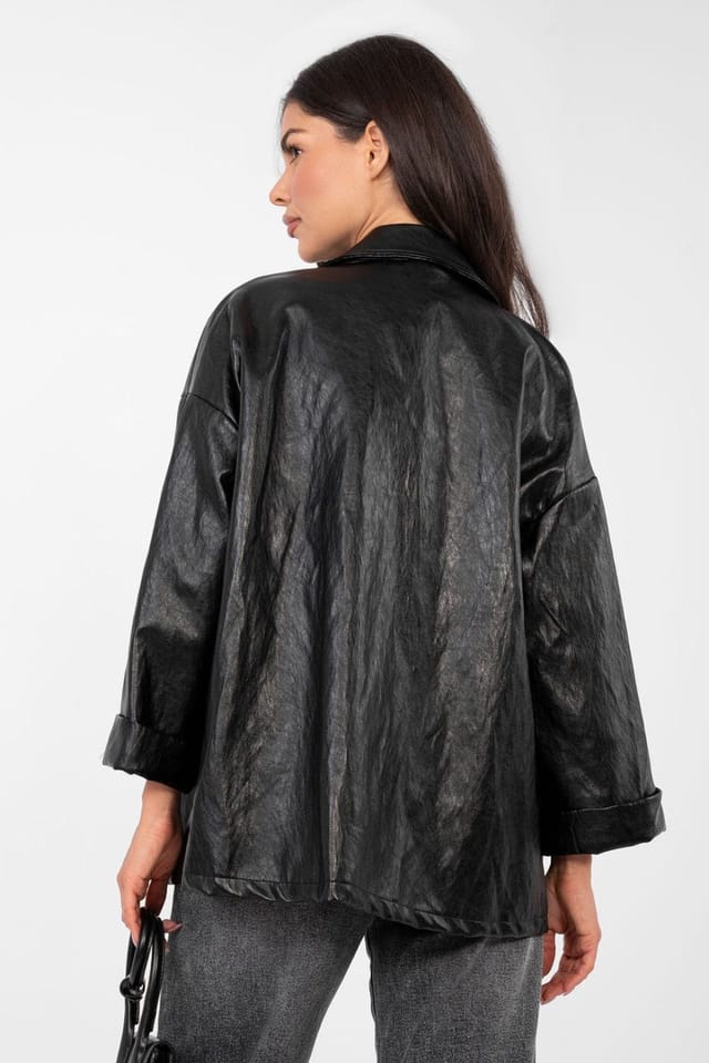 Love Lace Love Lace Women's Stylish Faux Leather Double Breasted Blazer in Black - 3