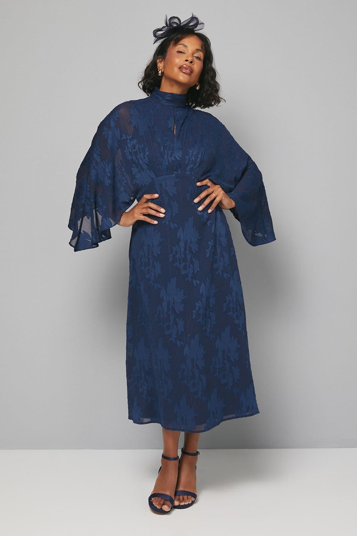 Wallis Wallis Women's Jacquard Cape Sleeve Midaxi Dress in Navy