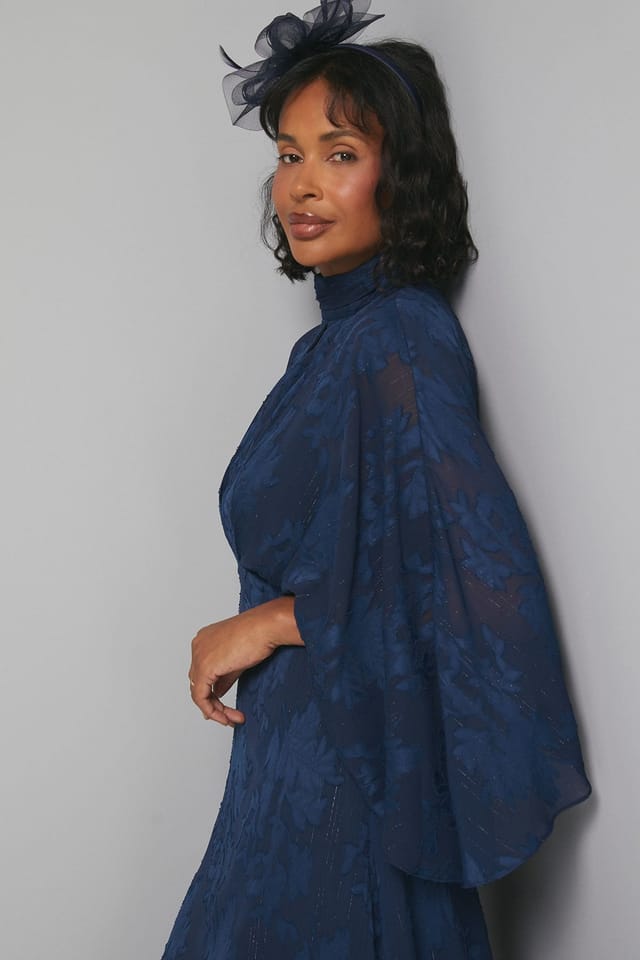 Wallis Wallis Women's Jacquard Cape Sleeve Midaxi Dress in Navy - 2