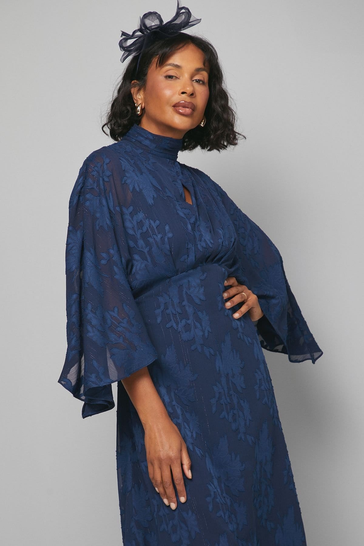 Wallis Wallis Women's Jacquard Cape Sleeve Midaxi Dress in Navy - 4