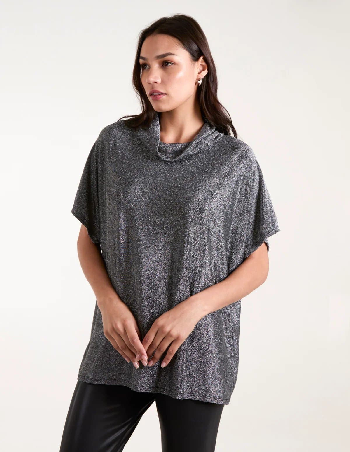 Blue Vanilla Roll Neck Oversize Metallic Top