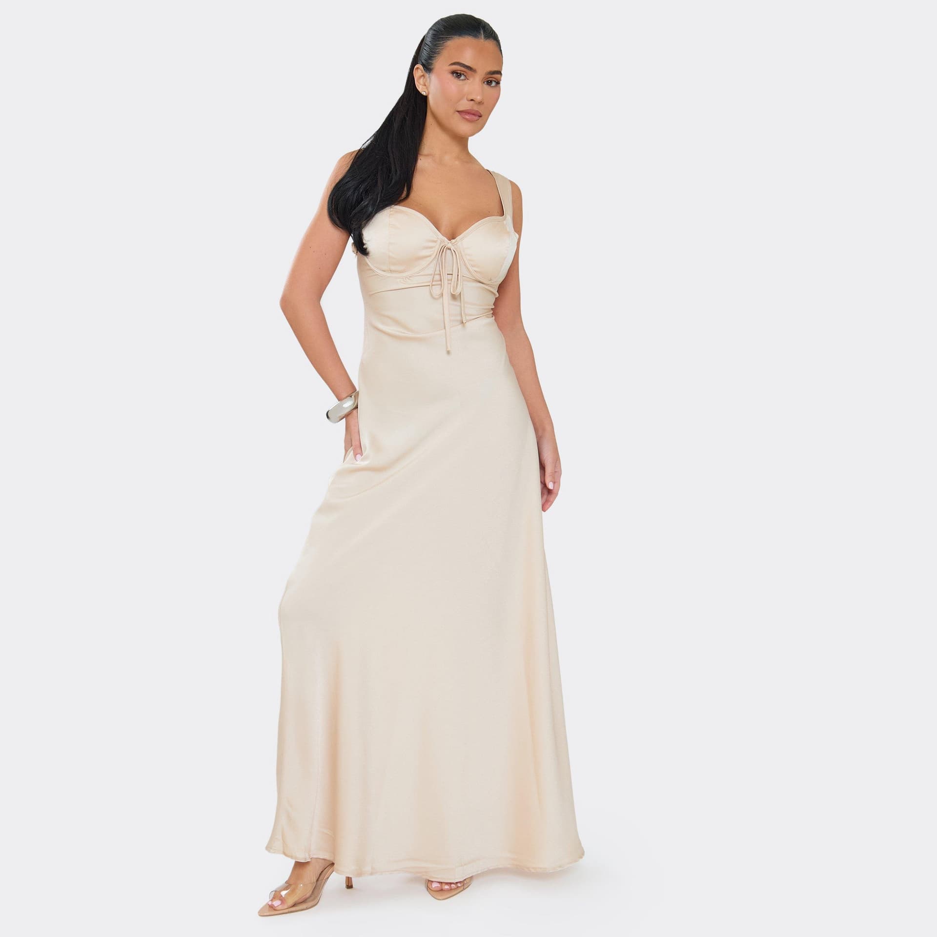 EGO Strappy Underwired Bust Floaty Maxi Dress In Champagne, Women's Size UK 10