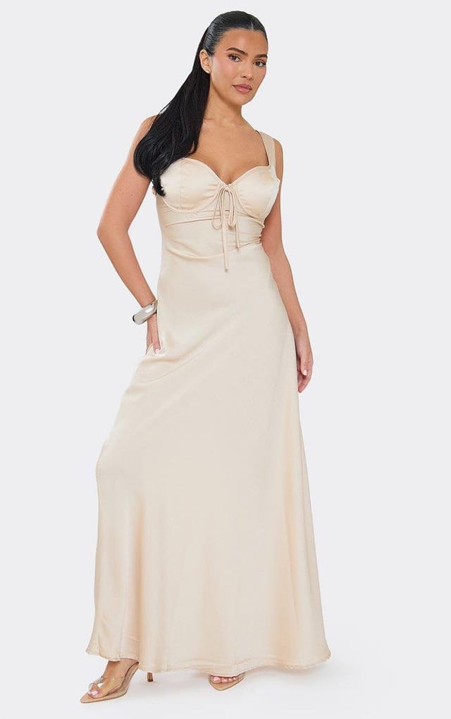 EGO Strappy Underwired Bust Floaty Maxi Dress In Champagne, Women's Size UK 10 - 2