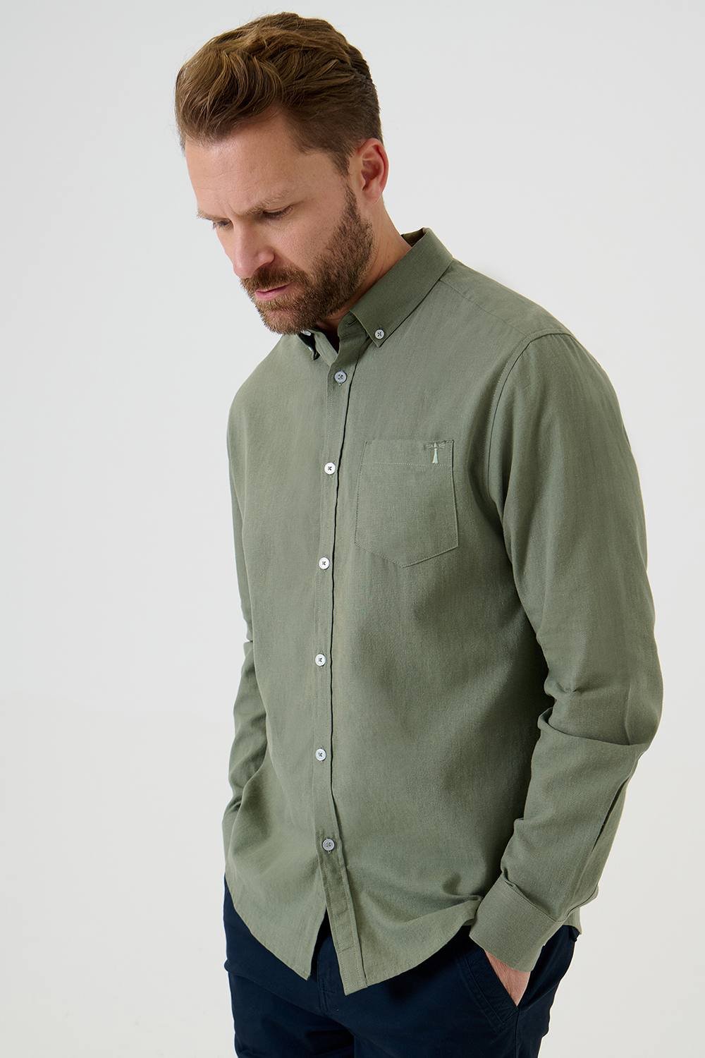 Saltwell Saltwell Men's Linen Rich Long Sleeve Shirt in Green - 2