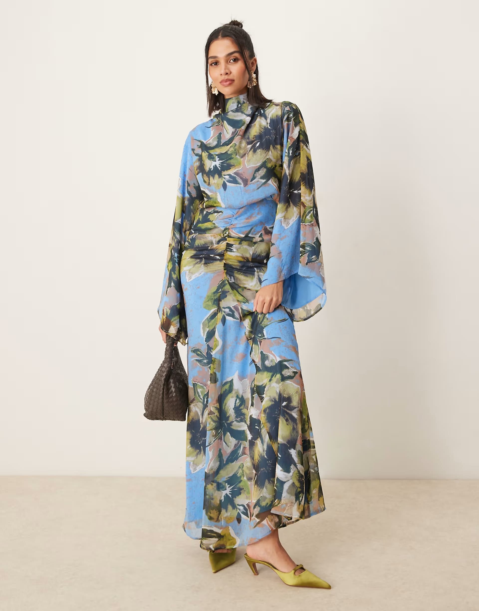 ASOS ASOS DESIGN volume sleeve maxi dress with ruched skirt in blue floral print
