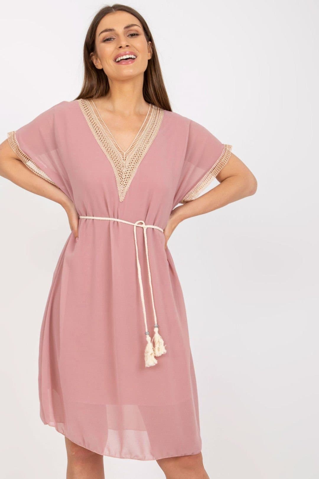 Love Lace Love Lace Women's Lined Loose Fit Heart Neck Dress with Openwork in Pink