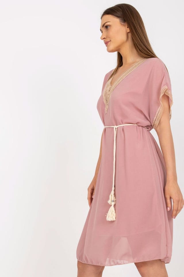 Love Lace Love Lace Women's Lined Loose Fit Heart Neck Dress with Openwork in Pink - 3
