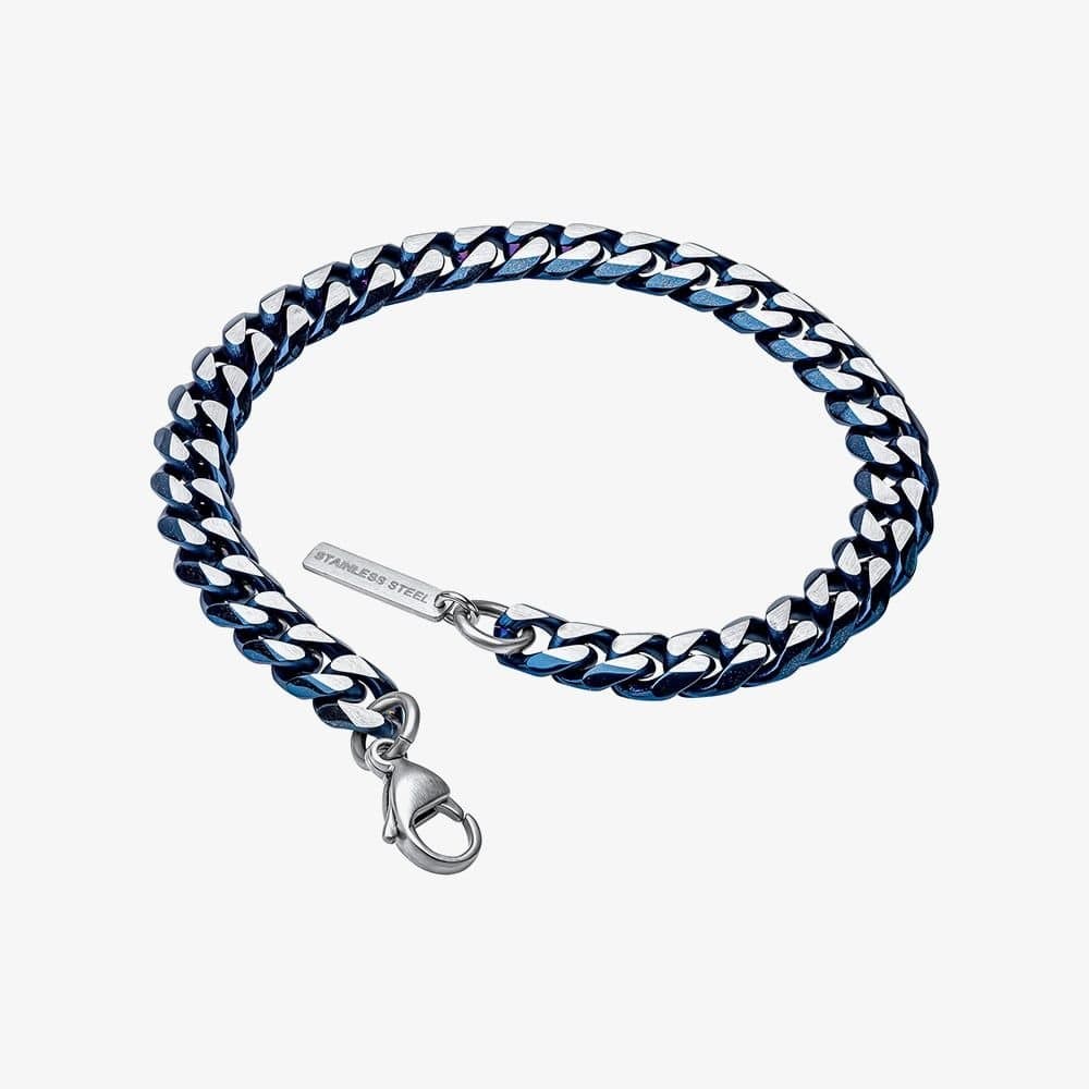 Fred Bennett Fred Bennett Men's Blue Tone Stainless Steel Flat Curb Chain Bracelet B5568L