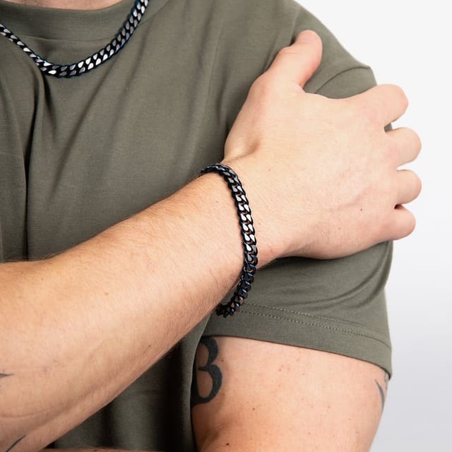 Fred Bennett Fred Bennett Men's Blue Tone Stainless Steel Flat Curb Chain Bracelet B5568L - 2
