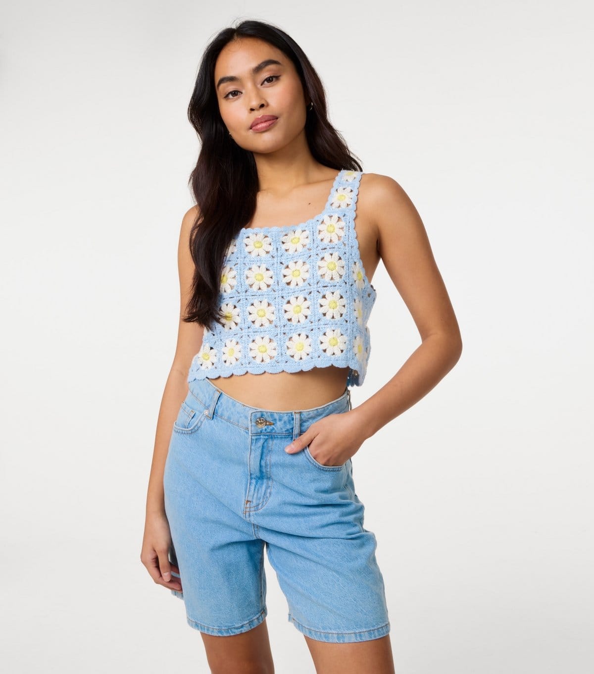Pink Vanilla Blue Daisy Crochet Crop Top