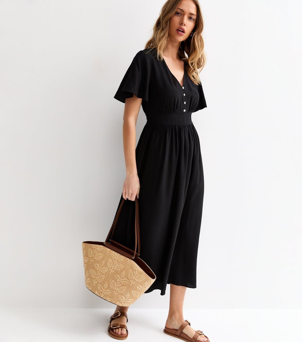 New Look Women's Black Frill Sleeve V Neck Midi Dress New Look