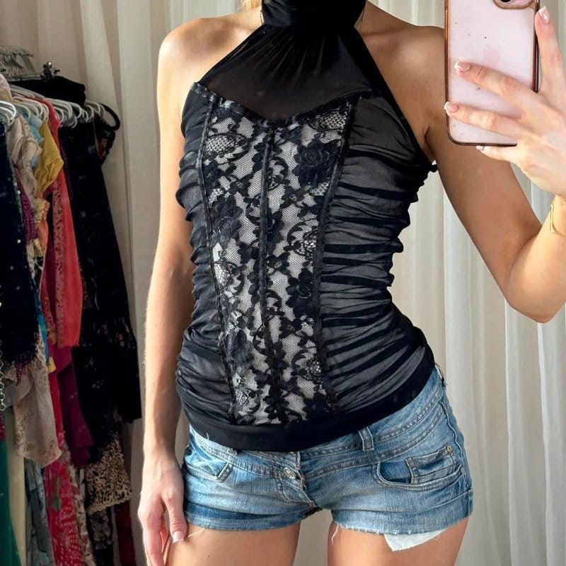 New Look Y2K lace corset sheer halterneck top ruched - 1